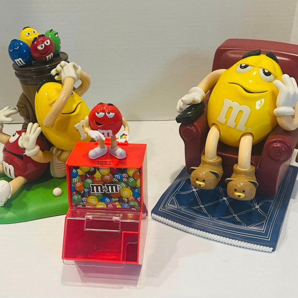 M&M'S CANDY DISPENSERS set of 3~ SWEET SHOP~~GOLF MULLIGAN VILLE~ LAZY BOY 1999